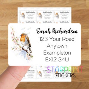 Etiquetas de dirección personalizadas de Robin Bird, 21 pegatinas autoadhesivas personalizadas - Hoja de pegatinas A4 (21 etiquetas por hoja) Regalo de acuarela