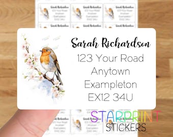 Robin Bird gepersonaliseerde adreslabels, 21 aangepaste zelfklevende stickers - A4 stickervel (21 labels per vel) aquarelcadeau