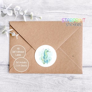 Stickers hippocampes, 48 étiquettes rondes (2 feuilles A4, 24 par feuille), parfaits pour les scellés d'enveloppes/produits/faveurs/cartes/cadeaux