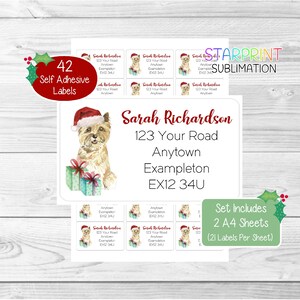 Cairnterriër hond gepersonaliseerde kerstretouradreslabels, 42 zelfklevende stickers - set bevat 2 A4-stickervellen (21 per vel)