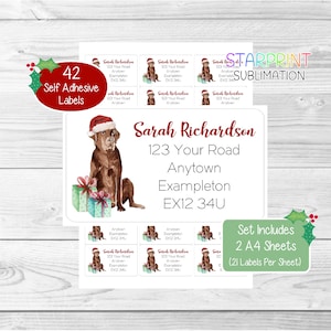 Labrador retriever (chocolade) gepersonaliseerde kerstadreslabels, 42 zelfklevende hondenstickers - 2 A4-vellen (21 per vel)