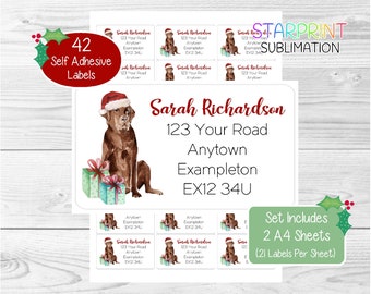 Labrador Retriever (Chocolate) Personalised Christmas Return Address Labels, 42 Self Adhesive Dog Stickers - 2 A4 Sheets (21 per sheet)