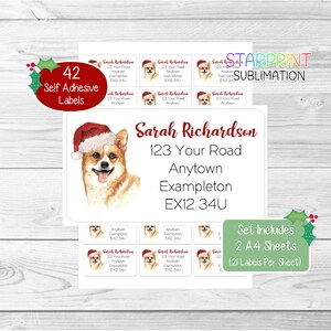 Corgi-hond gepersonaliseerde kerstretouradreslabels, 42 zelfklevende stickers - set bevat 2 A4-stickervellen (21 per vel)