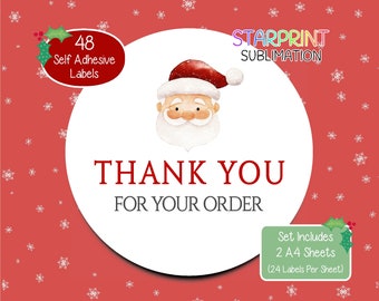 Thank You For Your Order Christmas Stickers, 48 Round Small Business Labels (2 A4 Sheets) Ideal For Envelope Seals and Parcels Presents