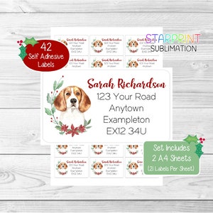 Beagle-hond Gepersonaliseerde kerstretouradreslabels, 42 zelfklevende stickers - set bevat 2 A4-stickervellen (21 per vel) aanwezig