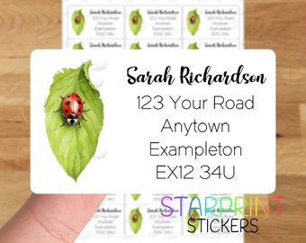 Personalisierte Adressetiketten „Lady Bird“, 21 individuelle selbstklebende Aufkleber – A4-Aufkleberbogen (21 Etiketten pro Bogen), Aquarell-Geschenkkäfer