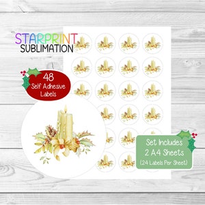 Pegatinas/Sellos para velas navideñas, 48 etiquetas redondas (2 hojas A4, 24 por hoja), ideales para tarjetas, regalos y etiquetado de productos.