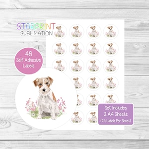 Jack Russell Terrier-hondenstickers, 48 ronde etiketten (2 A4-vellen, 24 per vel), ideaal voor envelopzegels/feestzakjes/gunsten/kaarten/cadeaus
