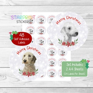Pegatinas navideñas para perros Bedlington Terrier, sellos para sobres, 48 etiquetas redondas (2 hojas A4, 24 por hoja), para bolsas de fiesta, tarjetas y regalos