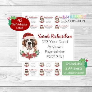 Sint-bernard gepersonaliseerde kerstadreslabels, 42 zelfklevende hondenstickers - set bevat 2 A4-vellen (21 per vel)