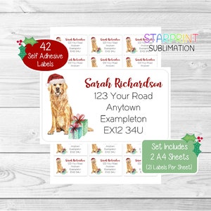 Gepersonaliseerde kerstadreslabels voor golden retriever, 42 zelfklevende stickers - set bevat 2 A4-vellen (21 per vel)