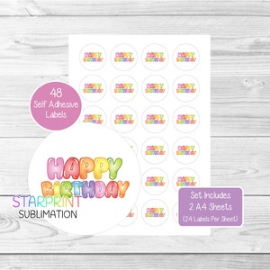 Joyeux anniversaire, 48 étiquettes rondes (2 feuilles A4, 24 par feuille), idéales pour les enveloppes, les sacs de fête, les cadeaux, les cartes, les cadeaux