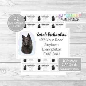 Belgian Shepherd Dog (Groenendael) Personalised Address Labels, 42 Self Adhesive Stickers - Set Includes 2 A4 Sticker Sheets (21 per sheet)