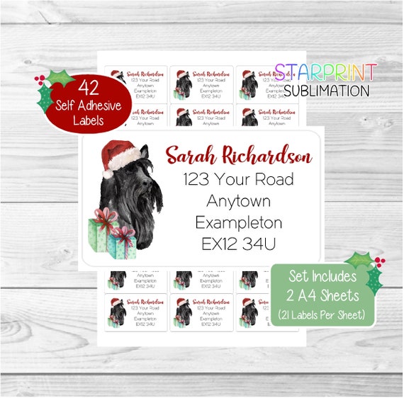 Scottish Terrier Dog Personalised Christmas Return Address Labels, 42 Self Adhesive Stickers - Includes 2 A4 Sticker Sheets (21 per sheet)