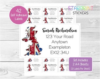 United Kingdom/Union Jack Personalised Address Labels, 42 Custom Return Stickers - Lovely Set Includes 2 A4 Sheets (21 per sheet) Presents
