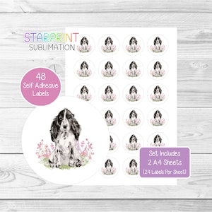 Hondenstickers cocker-spaniël (Blue Roan), 48 ronde labels (2 A4-vellen, 24 per vel), ideaal voor enveloppen/feestzakjes/gunsten/kaarten/cadeaus