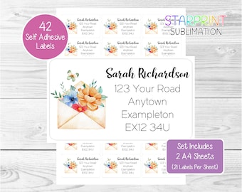 Flowers/Envelope Personalised Address Labels, 42 Custom Return Stickers - Lovely Set Includes 2 A4 Sheets (21 per sheet) Presents Present