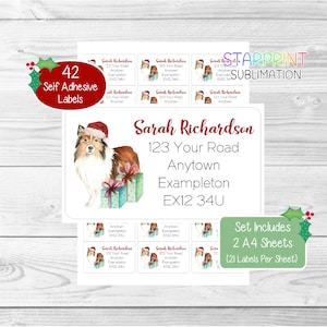 Gepersonaliseerde kerstadreslabels Shetland Sheepdog, 42 zelfklevende hondenstickers, inclusief 2 A4-stickervellen (21 per vel)