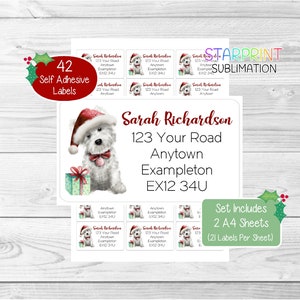 West Highland White Terrier gepersonaliseerde kerstretouradresetiketten, 42 aangepaste Westie-hondenstickers, 2 A4-stickervellen, 21 per vel