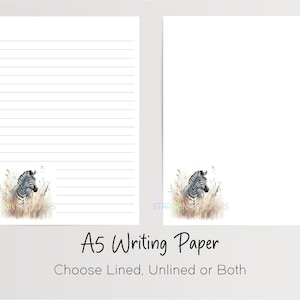 Carta da lettere Zebra A5, 10 fogli a righe/non a righe, carta per appunti con animali da safari, cancelleria Penpal, set per scrivere lettere