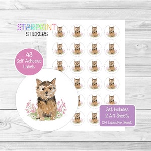 Etiquetas redondas para perros Norwich Terrier, 48 unidades (2 hojas A4, 24 por hoja), ideales para sellar sobres, bolsas de fiesta, regalos, tarjetas y obsequios