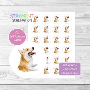 Pegatinas de Corgi, 48 etiquetas redondas (2 hojas A4, 24 por hoja), ideales para sellar sobres, bolsas de fiesta, recuerdos, tarjetas y regalos (n.° 3)