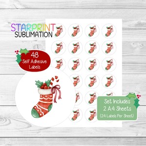 Pegatinas para calcetines navideños/Sellos para sobres, 48 etiquetas redondas (2 hojas A4, 24 por hoja), ideales para tarjetas, regalos y etiquetado de productos.
