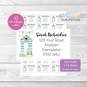 May include: A set of 42 self-adhesive labels featuring a watercolour illustration of a beach hut with a striped design. The labels are designed for use with a home address and include the text "Sarah Richardson, 123 Your Road, Anytown, Exampleton, EX12 34U". The set includes two A4 sheets with 21 labels per sheet.