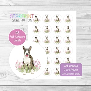 Pegatinas de perro Bull Terrier, 48 etiquetas redondas (2 hojas A4, 24 por hoja), ideales para sellar sobres, bolsas de fiesta, regalos, tarjetas y obsequios