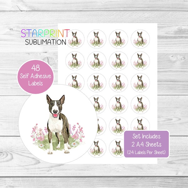 Bull Terrier Dog Stickers, 48 Round Labels (2 A4 Sheets, 24 Per Sheet), Great For Envelope Seals/Party Bags/Favors/Cards/Gifts Presents