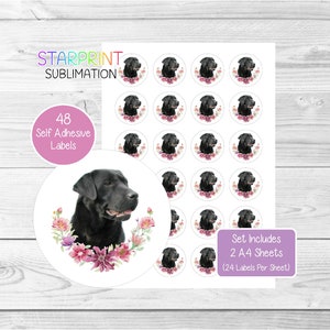 Labrador retriever (zwart) hondenstickers, 48 ronde labels (2 A4-vellen, 24 per vel), ideaal voor envelopzegels/feestzakjes/gunsten/kaarten/cadeaus