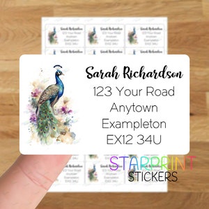 Peacock Personalised Address Labels, 21 Custom Self Adhesive Stickers - A4 Sticker Sheet (21 labels per sheet) Watercolour Bird Presents