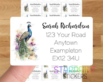 Peacock Personalised Address Labels, 21 Custom Self Adhesive Stickers - A4 Sticker Sheet (21 labels per sheet) Watercolour Bird Presents