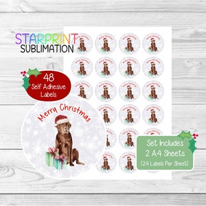 Pegatinas navideñas/sellos para sobres de Labrador Retriever (chocolate), 48 etiquetas redondas (2 hojas A4, 24 por hoja) para bolsas de fiesta, tarjetas y regalos