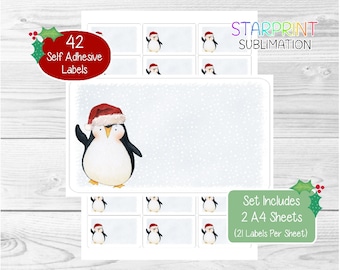 Pinguin-Weihnachtsetiketten, 42 Universal-Aufkleber (2 A4-Bögen) Ideal, um Adressen von Hand zu schreiben, Geschenkanhänger, Etikettierung von Produkten, Geschenke