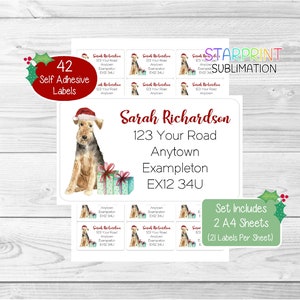 Gepersonaliseerde kerstretouradreslabels Welsh Terrier, 42 zelfklevende hondenstickers, inclusief 2 A4-stickervellen (21 per vel)