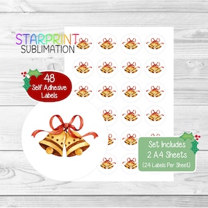 Stickers cloches de Noël/scellés pour enveloppes, 48 étiquettes rondes (2 feuilles A4, 24 par feuille), parfaits pour les cartes/cadeaux/produits cadeaux