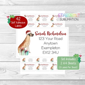 Duitse dog Gepersonaliseerde kerstretouradreslabels, 42 zelfklevende stickers - set bevat 2 A4-stickervellen (21 per vel)