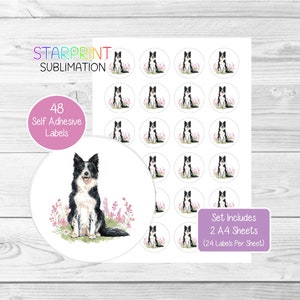 Stickers chien border collie, 48 étiquettes rondes (2 feuilles A4, 24 par feuille), idéal pour les enveloppes/sacs de fête/faveurs/cartes/cadeaux (N1)