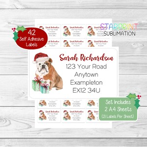 Gepersonaliseerde kerstadreslabels voor bulldog, 42 zelfklevende stickers - set bevat 2 A4-stickervellen (21 per vel)
