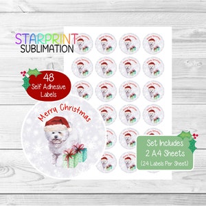 Pegatinas navideñas/sellos para sobres de Bichón Frisé, 48 etiquetas redondas (2 hojas A4, 24 por hoja), para bolsas de fiesta, tarjetas y regalos.