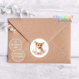 Pegatinas de perro Pembroke Welsh Corgi, 48 etiquetas redondas (2 hojas A4, 24 por hoja), ideales para sellar sobres, bolsas de fiesta, recuerdos, tarjetas y regalos.