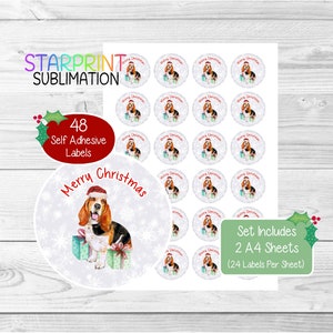 Pegatinas navideñas/sellos para sobres de Basset Hound, 48 etiquetas redondas (2 hojas A4, 24 por hoja), para bolsas de fiesta, tarjetas y regalos.