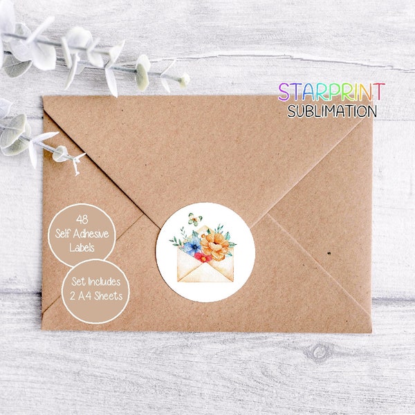 Envelope/Flowers Stickers, 48 Round Labels (2 A4 Sheets, 24 Per Sheet), Great For Envelope Seals/Favours/Handmade Products/Gifts Presents