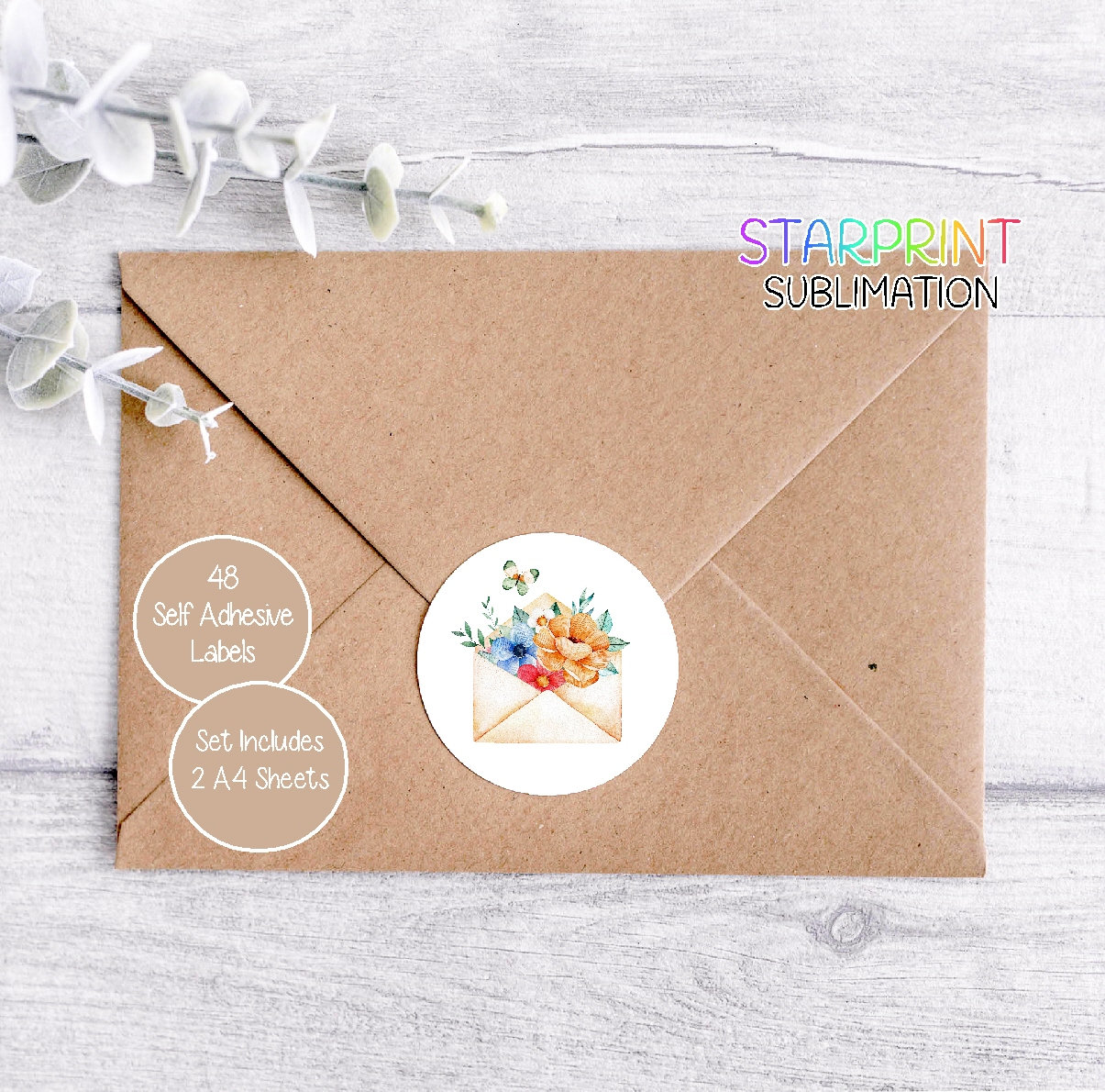 Envelope/Flowers Stickers, 48 Round Labels (2 A4 Sheets, 24 Per Sheet), Great For Envelope Seals/Favours/Handmade Products/Gifts