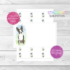 May include: Two sheets of self-adhesive labels featuring a watercolor illustration of a Boston Terrier dog. Each sheet contains 21 labels, perfect for adding a touch of personality to your projects.