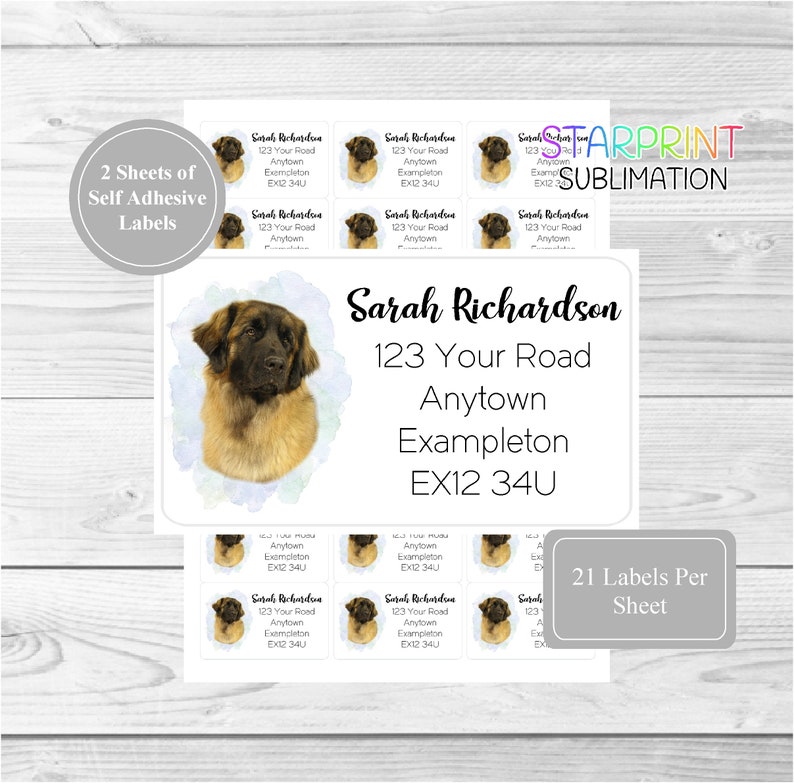 21 per sheet 42 Custom Self Adhesive Stickers Set Includes 2 A4 Sticker Sheets Leonberger Dog Personalised Address Labels