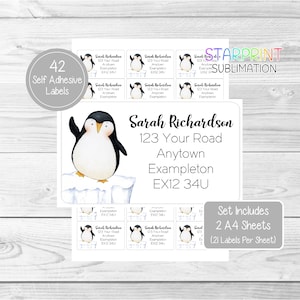 Penguin Personalised Return Address Labels, 42 Custom Self Adhesive Stickers - Fun Novelty Set Includes 2 A4 Sheets (21  per sheet) Presents