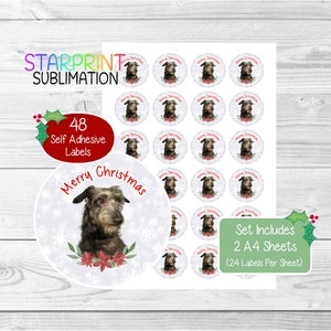 Pegatinas navideñas/sellos para sobres de perro Deerhound, 48 etiquetas redondas (2 hojas A4, 24 por hoja), para bolsas de fiesta, tarjetas y regalos.