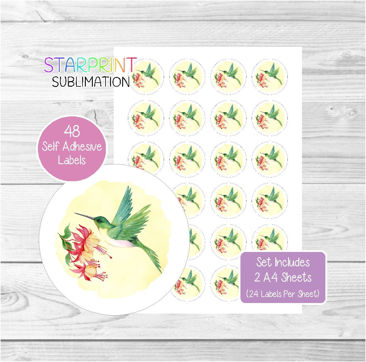Hummingbird Stickers, 48 Round Labels (2 A4 Sheets, 24 per Sheet ...